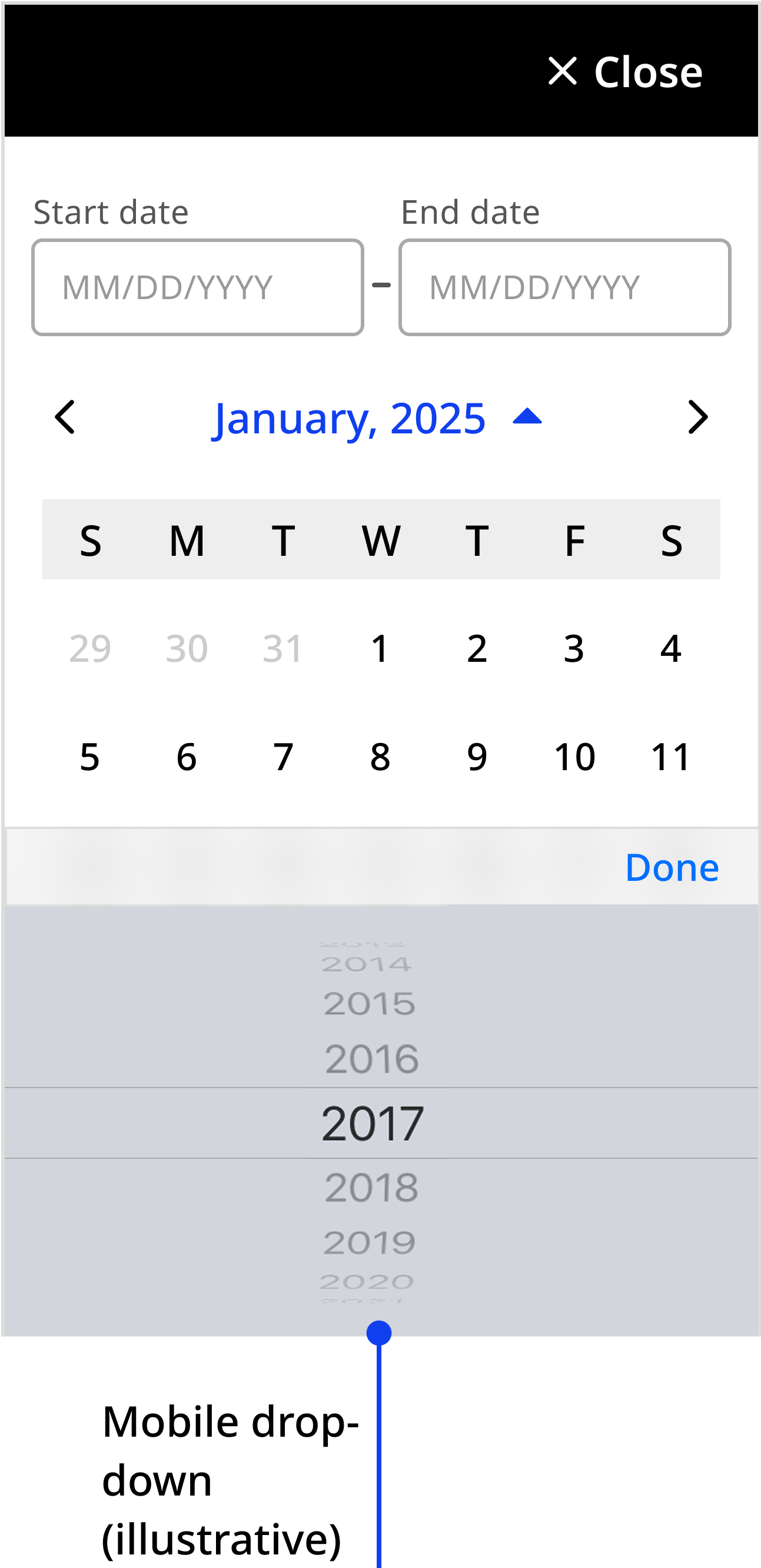 Mobile view of the date range with iOS native year picker wheel is at the bottom of the display